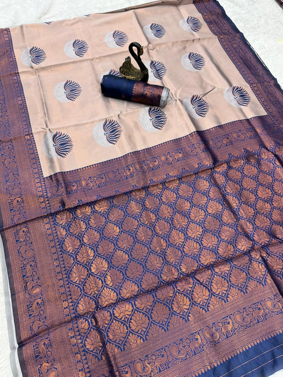 Pretty Beige and Blue Soft Silk Saree With Seraglio Blouse Piece