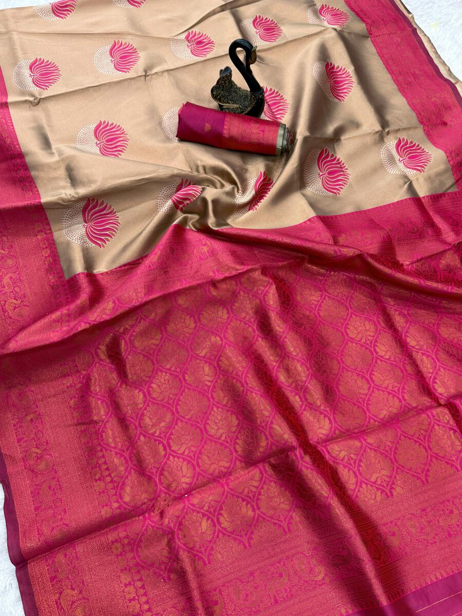 Inspiring Beige and Dark Pink Soft Silk Saree With Glorious Blouse Piece
