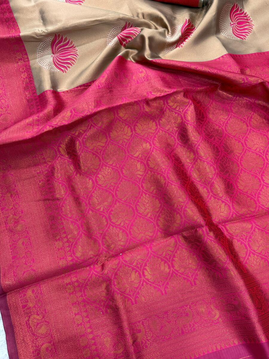 Inspiring Beige and Dark Pink Soft Silk Saree With Glorious Blouse Piece