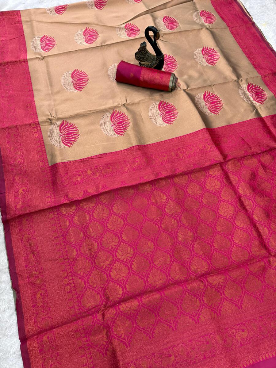 Inspiring Beige and Dark Pink Soft Silk Saree With Glorious Blouse Piece