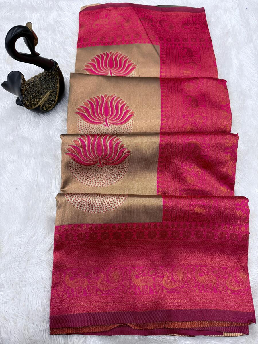 Inspiring Beige and Dark Pink Soft Silk Saree With Glorious Blouse Piece