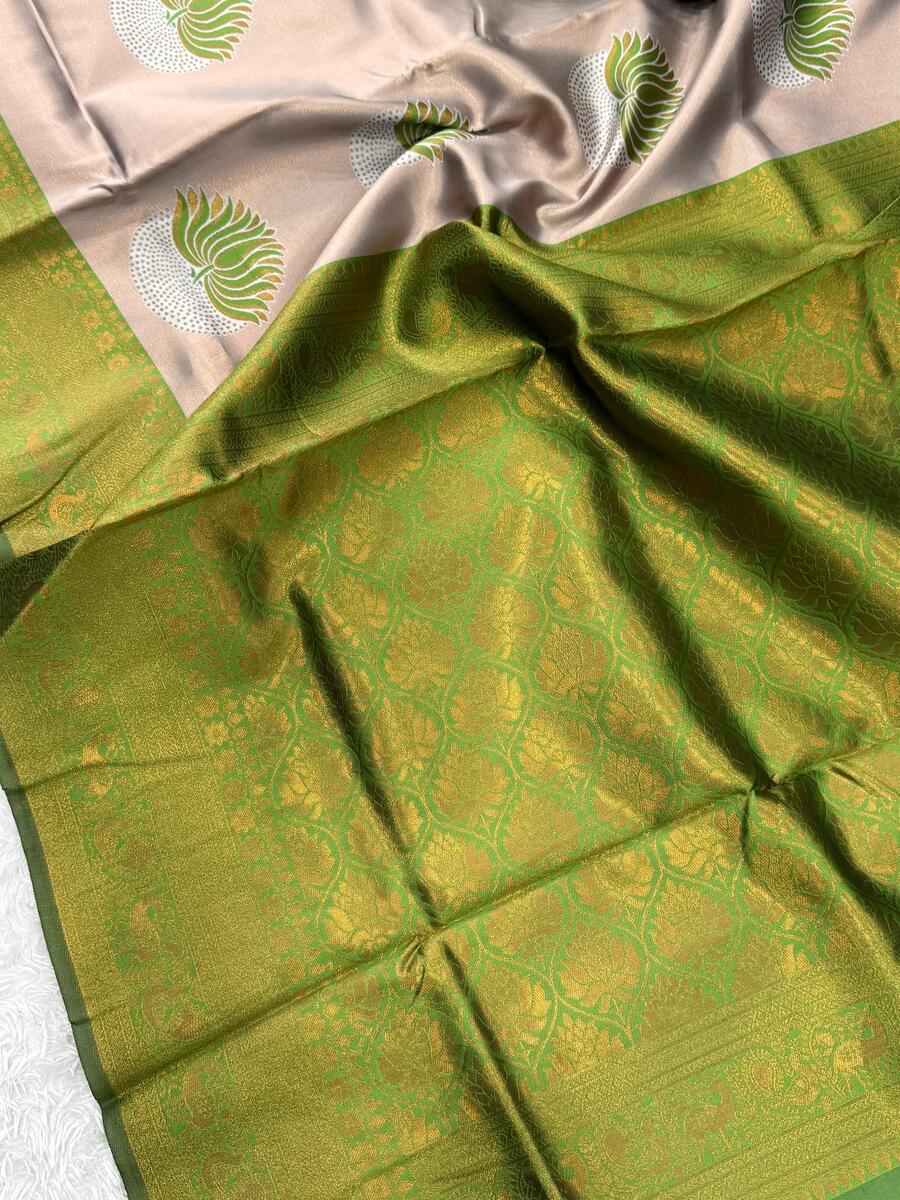 Delectable Beige and Green Soft Silk Saree With Amazing Blouse Piece