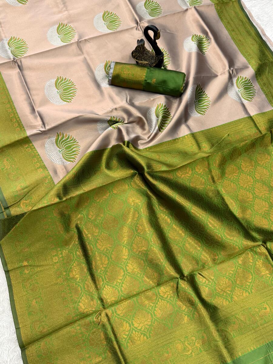 Delectable Beige and Green Soft Silk Saree With Amazing Blouse Piece
