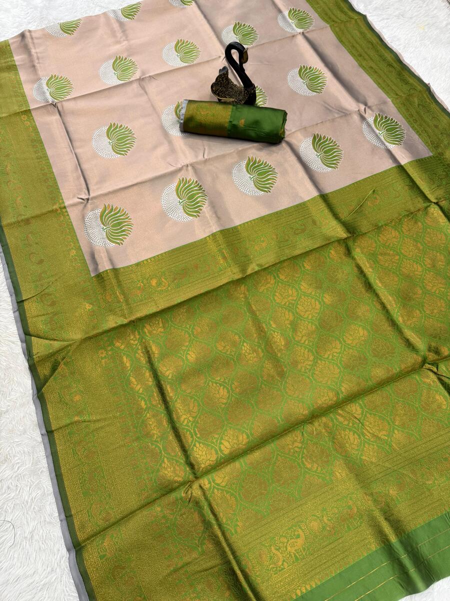 Delectable Beige and Green Soft Silk Saree With Amazing Blouse Piece