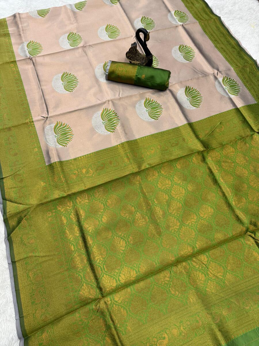 Delectable Beige and Green Soft Silk Saree With Amazing Blouse Piece
