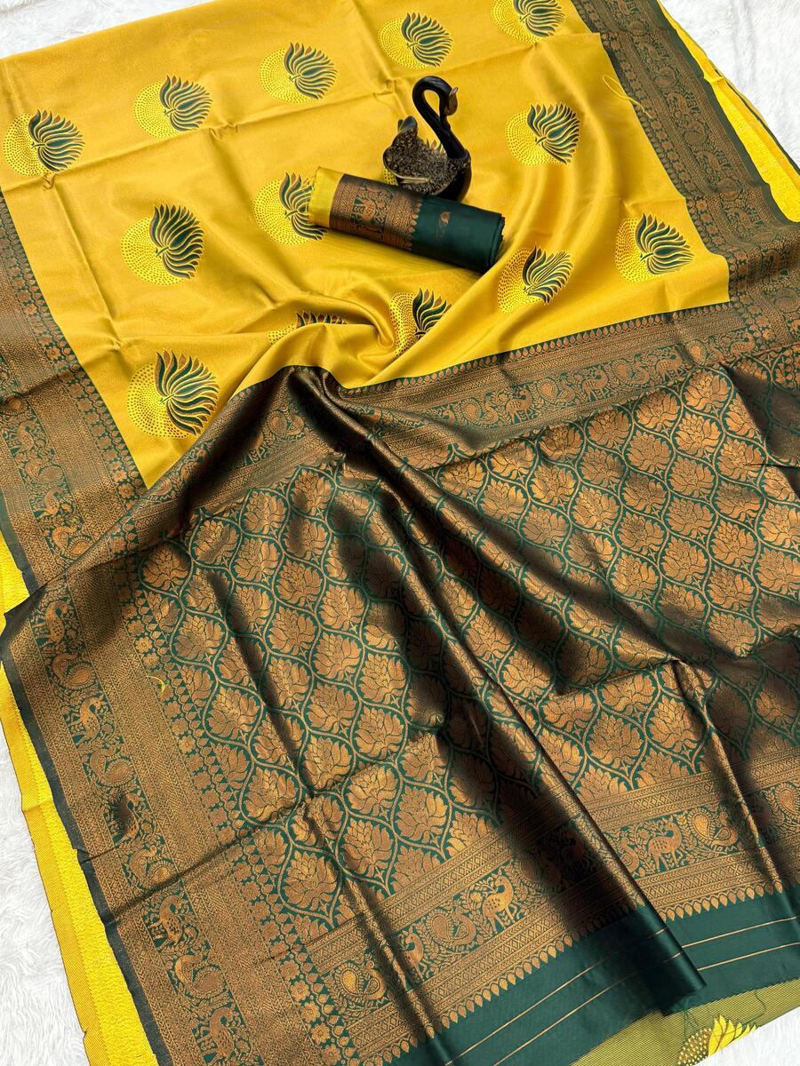 Deserving Yellow and Green Soft Silk Saree With Ideal Blouse Piece