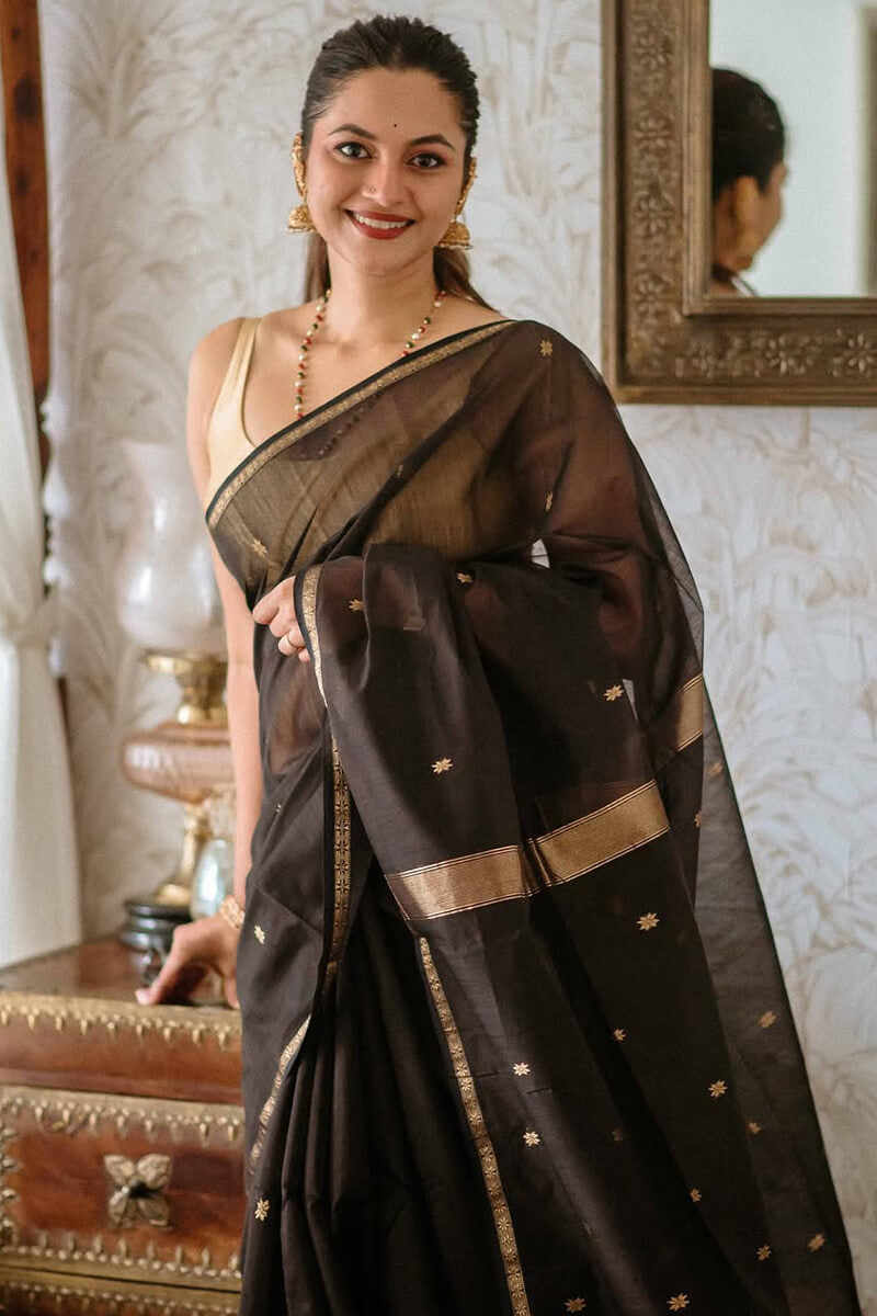 Imaginative Black Cotton Silk Saree With Ethereal Blouse Piece