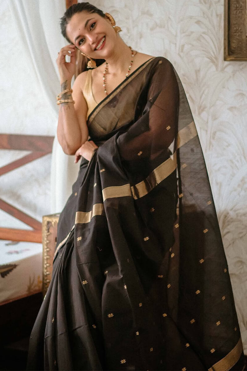 Imaginative Black Cotton Silk Saree With Ethereal Blouse Piece