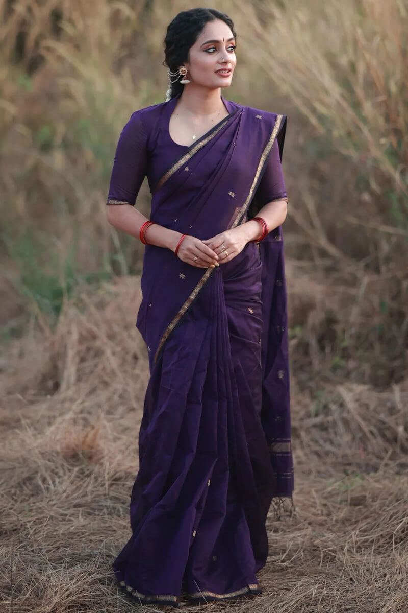 Murmurous Purple Cotton Silk Saree With Comely Blouse Piece