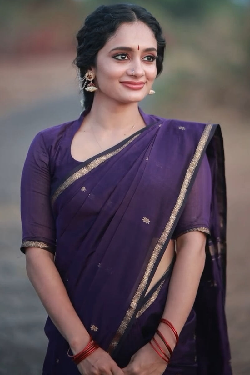 Murmurous Purple Cotton Silk Saree With Comely Blouse Piece