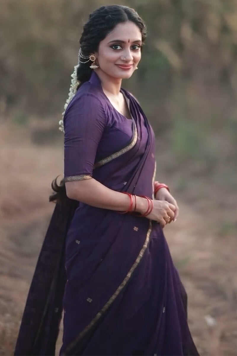 Murmurous Purple Cotton Silk Saree With Comely Blouse Piece