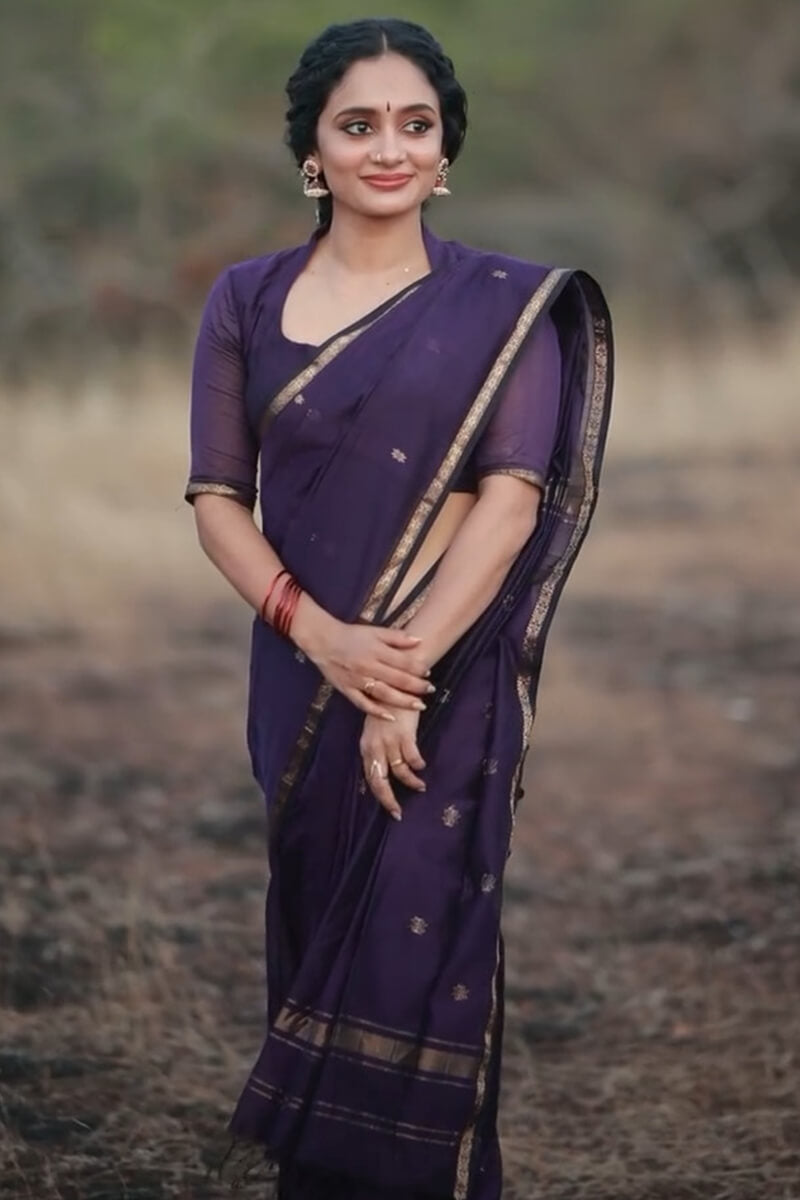 Murmurous Purple Cotton Silk Saree With Comely Blouse Piece