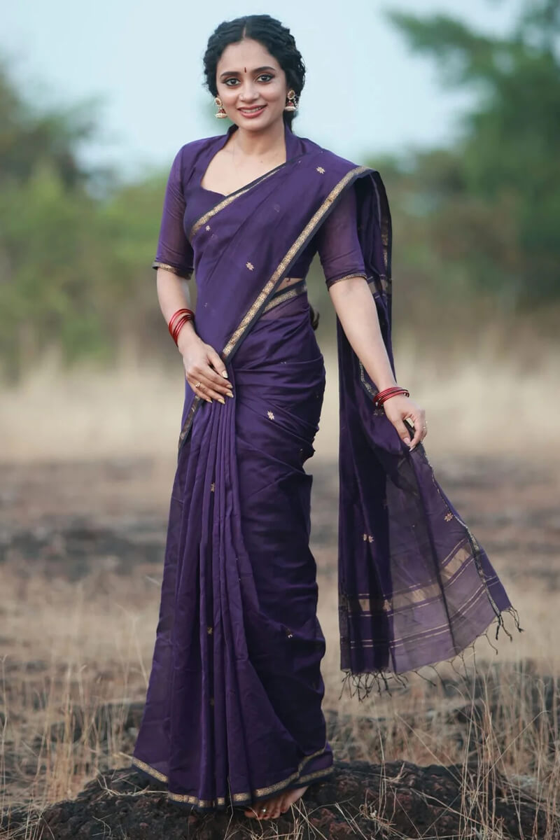 Murmurous Purple Cotton Silk Saree With Comely Blouse Piece