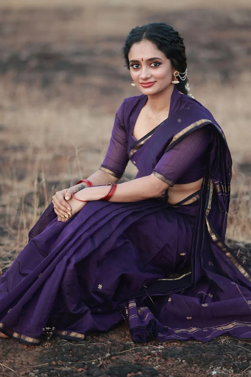 Murmurous Purple Cotton Silk Saree With Comely Blouse Piece