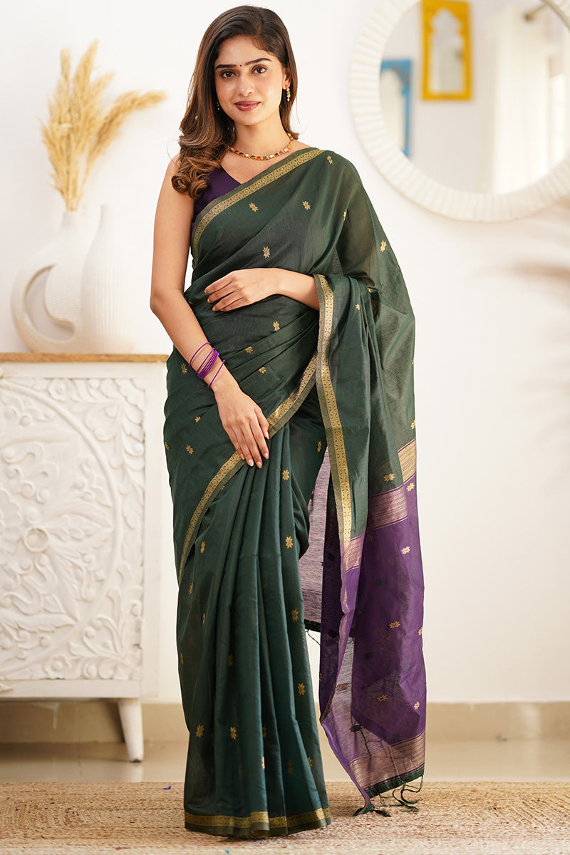 Sensational Green Cotton Silk Saree With Luminous Blouse Piece