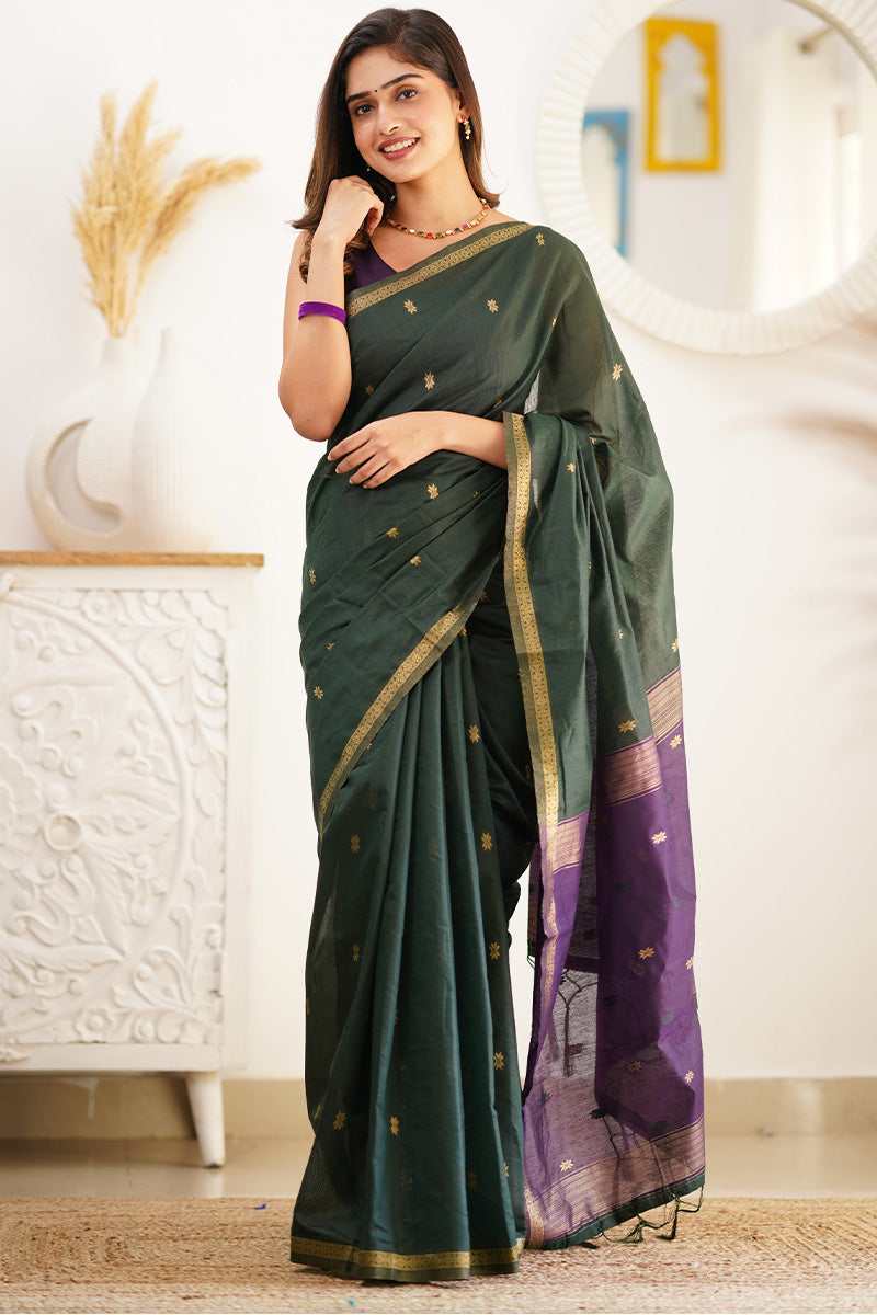 Sensational Green Cotton Silk Saree With Luminous Blouse Piece