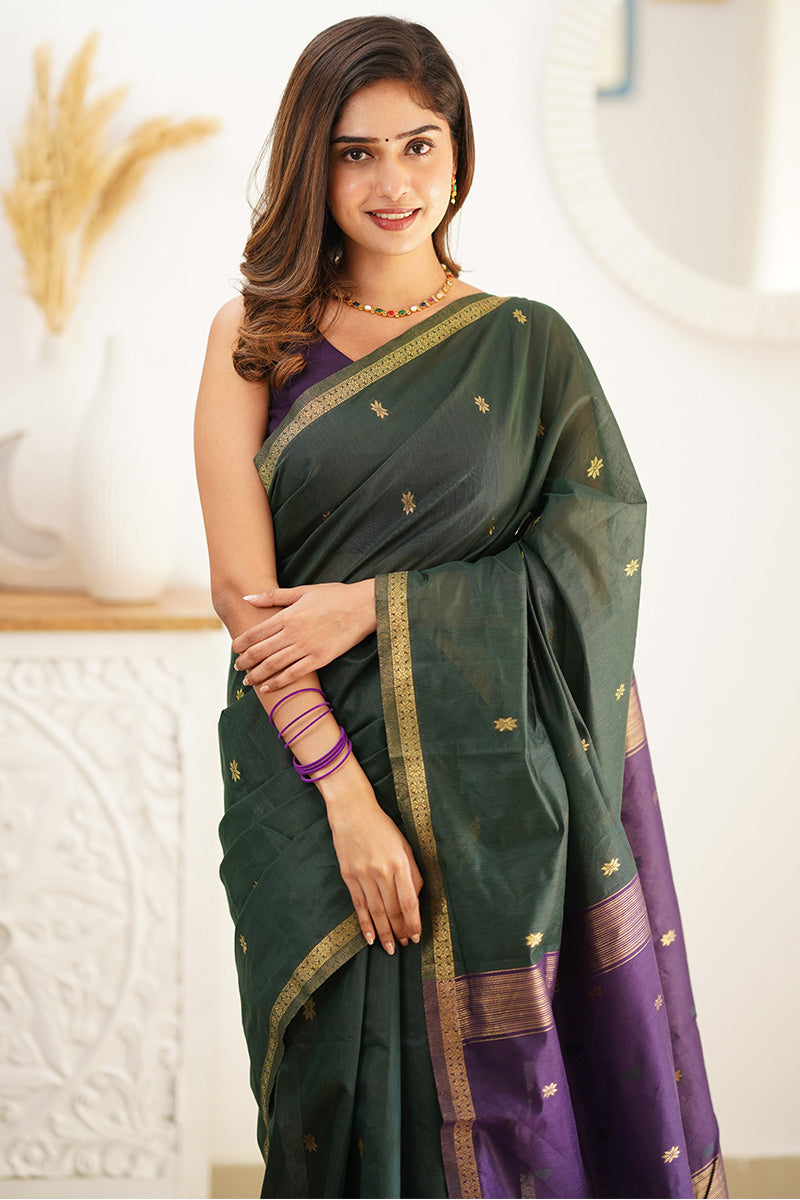 Sensational Green Cotton Silk Saree With Luminous Blouse Piece