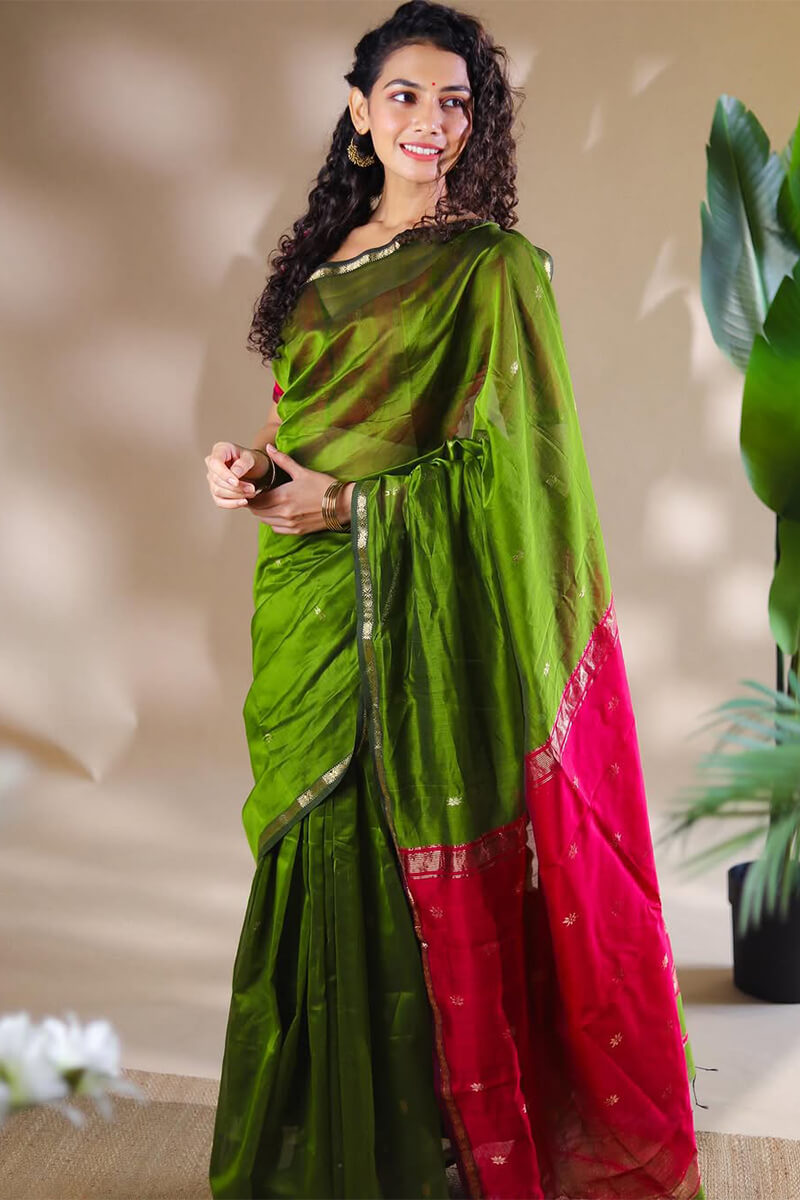 Sempiternal Green Cotton Silk Saree With Elision Blouse Piece