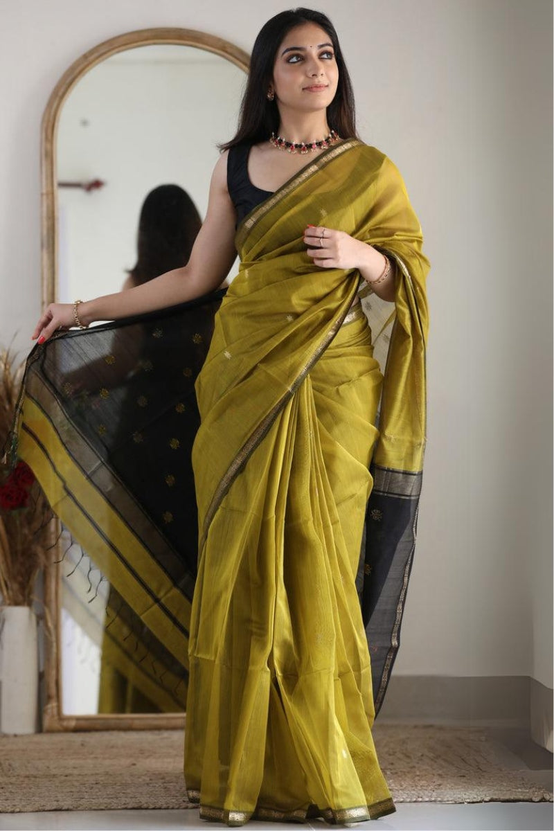 Tantalizing Mehndi Cotton Silk Saree With Serendipity Blouse Piece