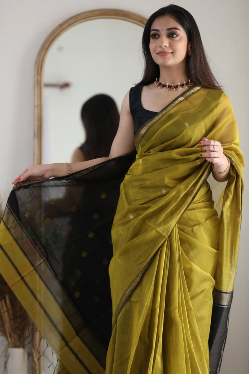 Tantalizing Mehndi Cotton Silk Saree With Serendipity Blouse Piece