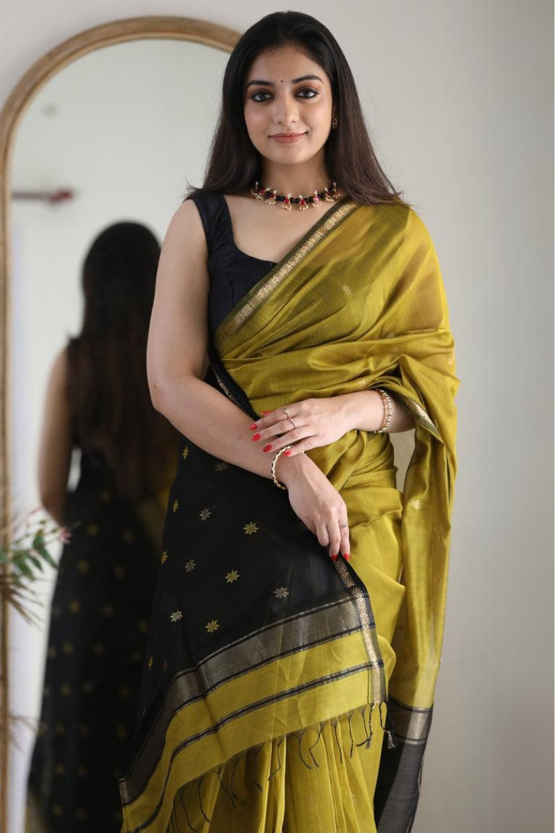 Tantalizing Mehndi Cotton Silk Saree With Serendipity Blouse Piece