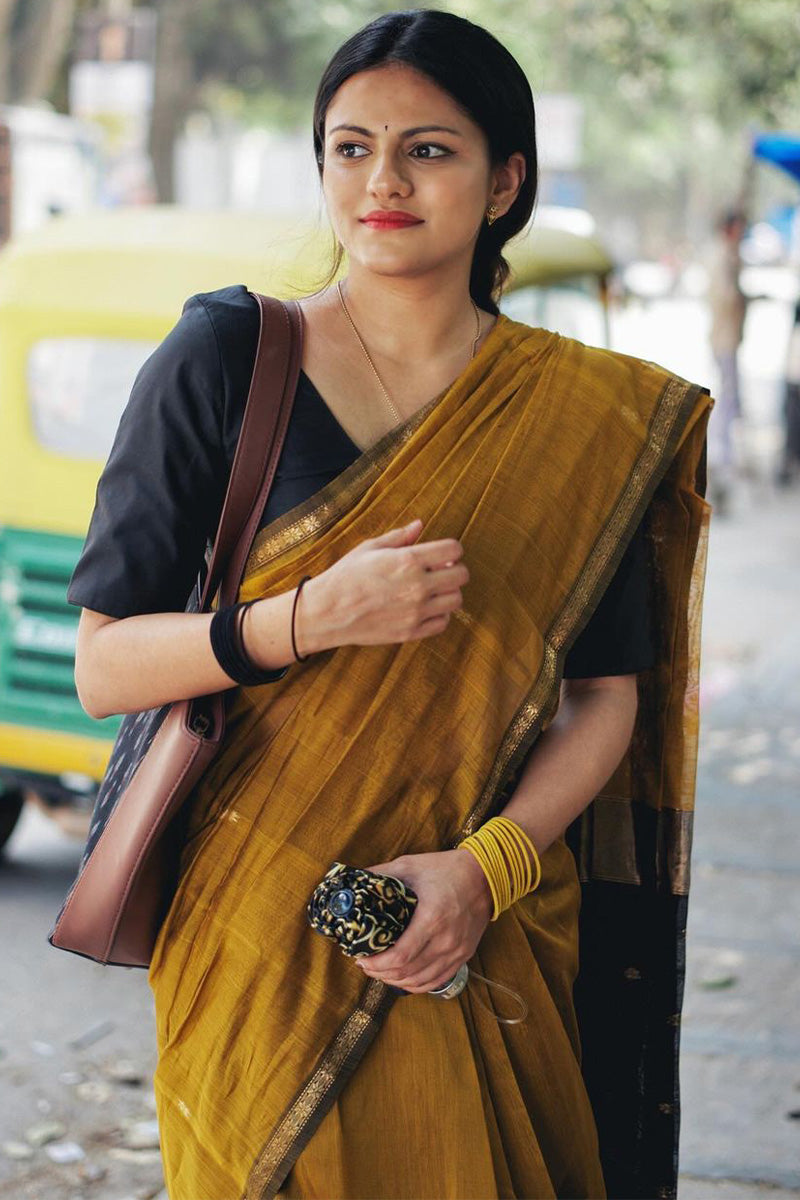 Grandiose Mustard Cotton Silk Saree With Engaging Blouse Piece