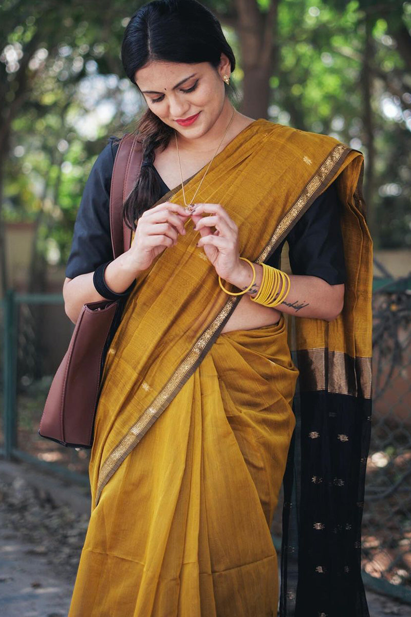 Grandiose Mustard Cotton Silk Saree With Engaging Blouse Piece