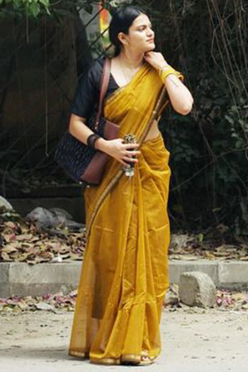 Grandiose Mustard Cotton Silk Saree With Engaging Blouse Piece