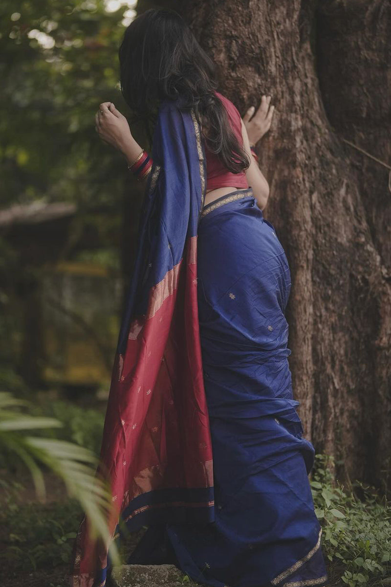 Gossamer Navy Blue Cotton Silk Saree With Desuetude Blouse Piece