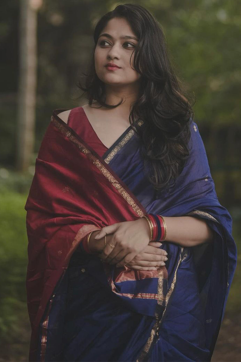 Gossamer Navy Blue Cotton Silk Saree With Desuetude Blouse Piece