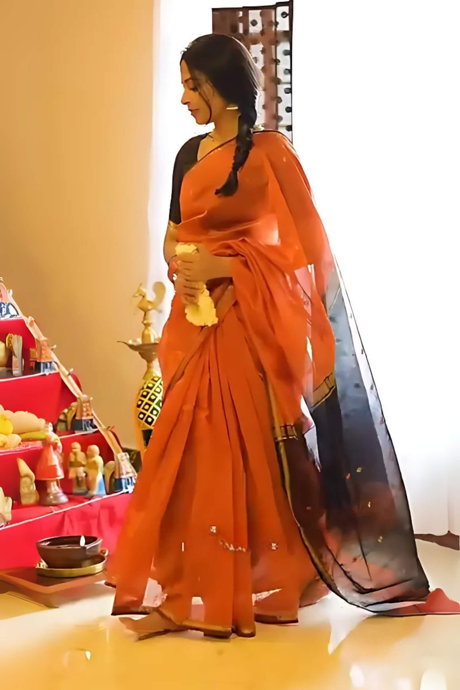 Incomparable Orange Cotton Silk Saree With Opulent Blouse Piece