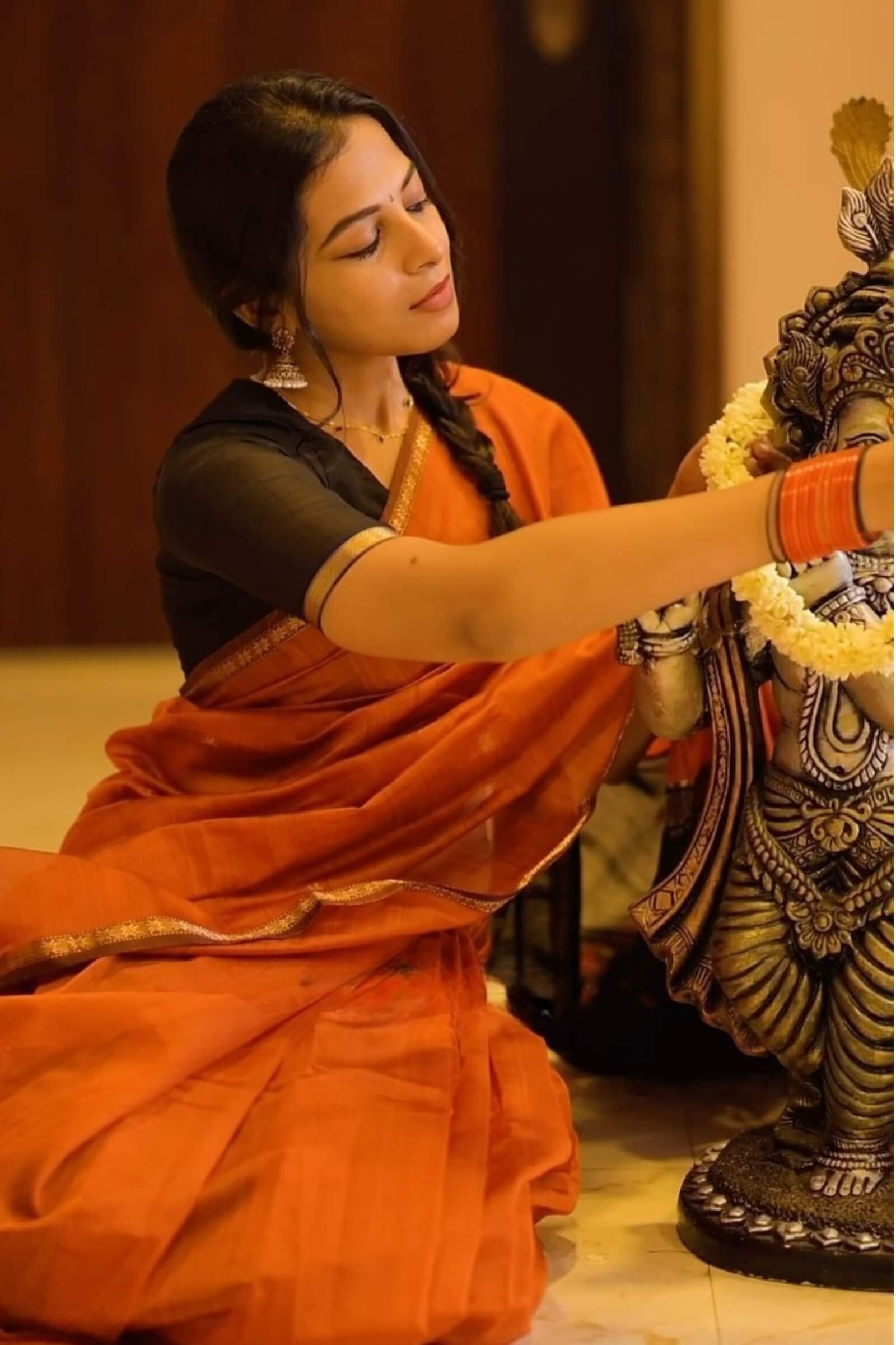 Incomparable Orange Cotton Silk Saree With Opulent Blouse Piece