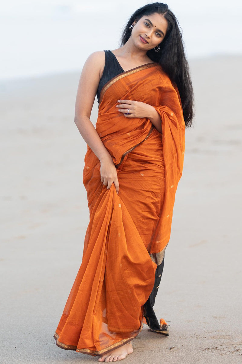 Admirable Orange Cotton Silk Saree With Prettiest Blouse Piece