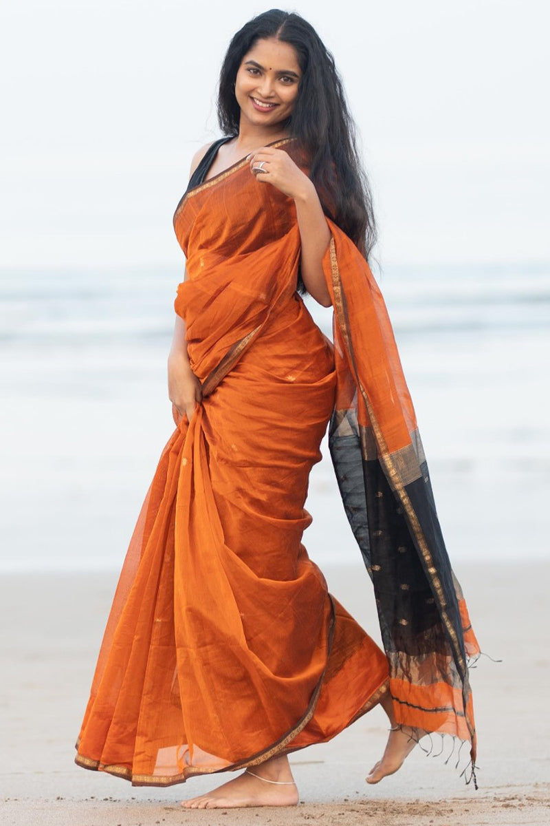 Admirable Orange Cotton Silk Saree With Prettiest Blouse Piece