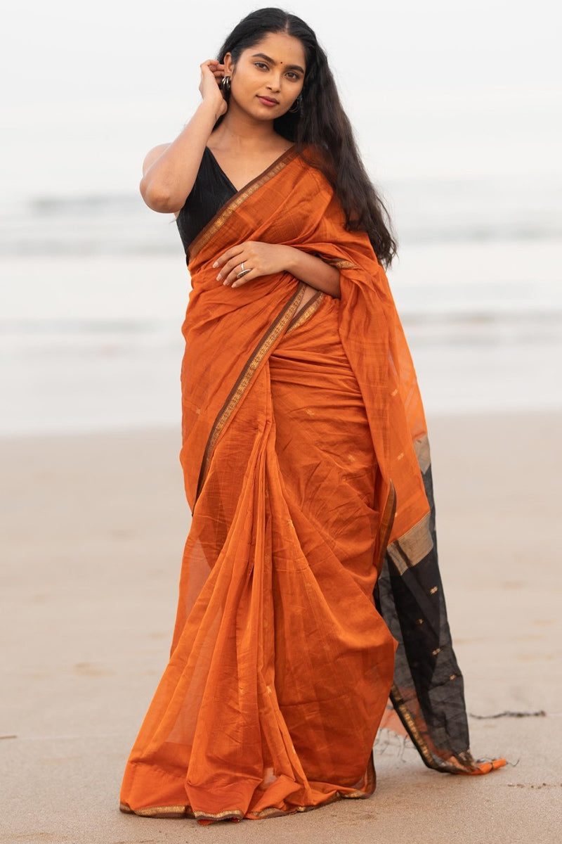 Admirable Orange Cotton Silk Saree With Prettiest Blouse Piece