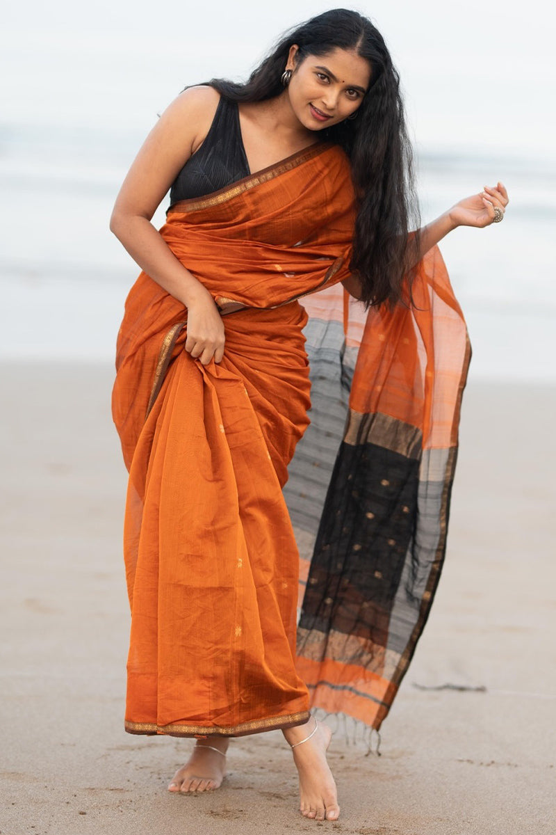 Admirable Orange Cotton Silk Saree With Prettiest Blouse Piece