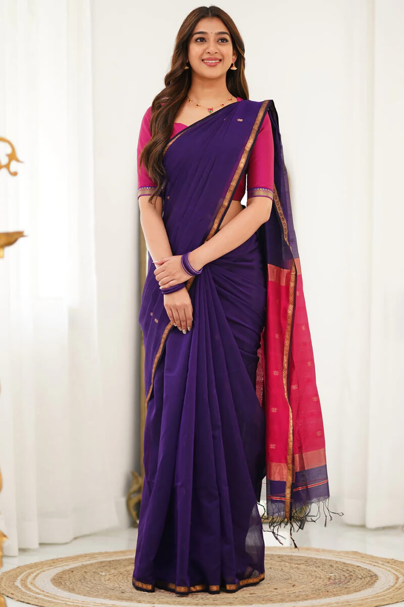 Glowing Purple Cotton Silk Saree With Pretty Blouse Piece