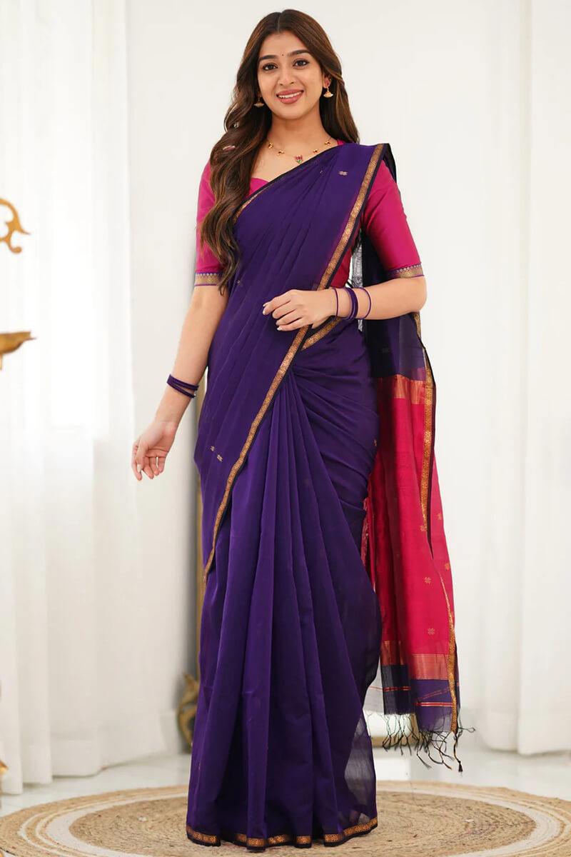 Glowing Purple Cotton Silk Saree With Pretty Blouse Piece