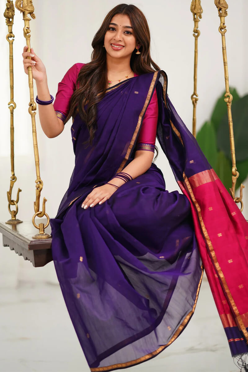 Glowing Purple Cotton Silk Saree With Pretty Blouse Piece