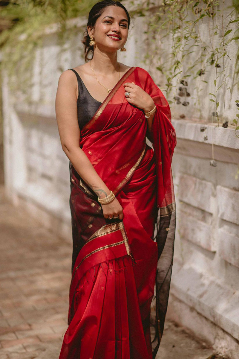 Hypnotic Red Cotton Silk Saree With Intricate Blouse Piece