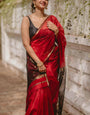 Hypnotic Red Cotton Silk Saree With Intricate Blouse Piece