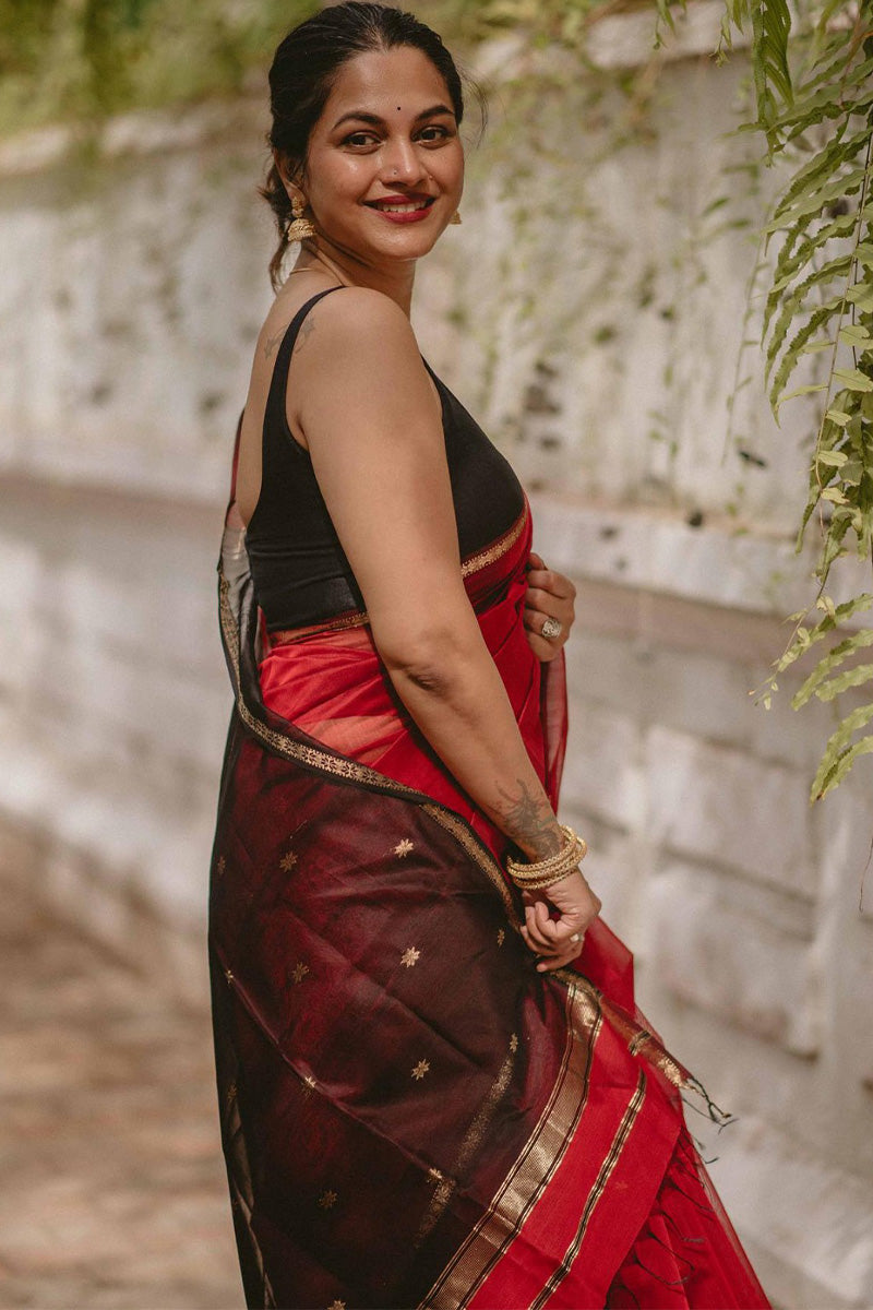 Hypnotic Red Cotton Silk Saree With Intricate Blouse Piece