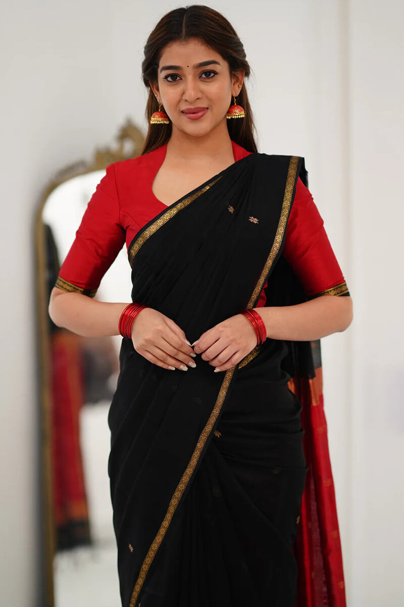 Trendy Black Cotton Silk Saree With Inimitable Blouse Piece