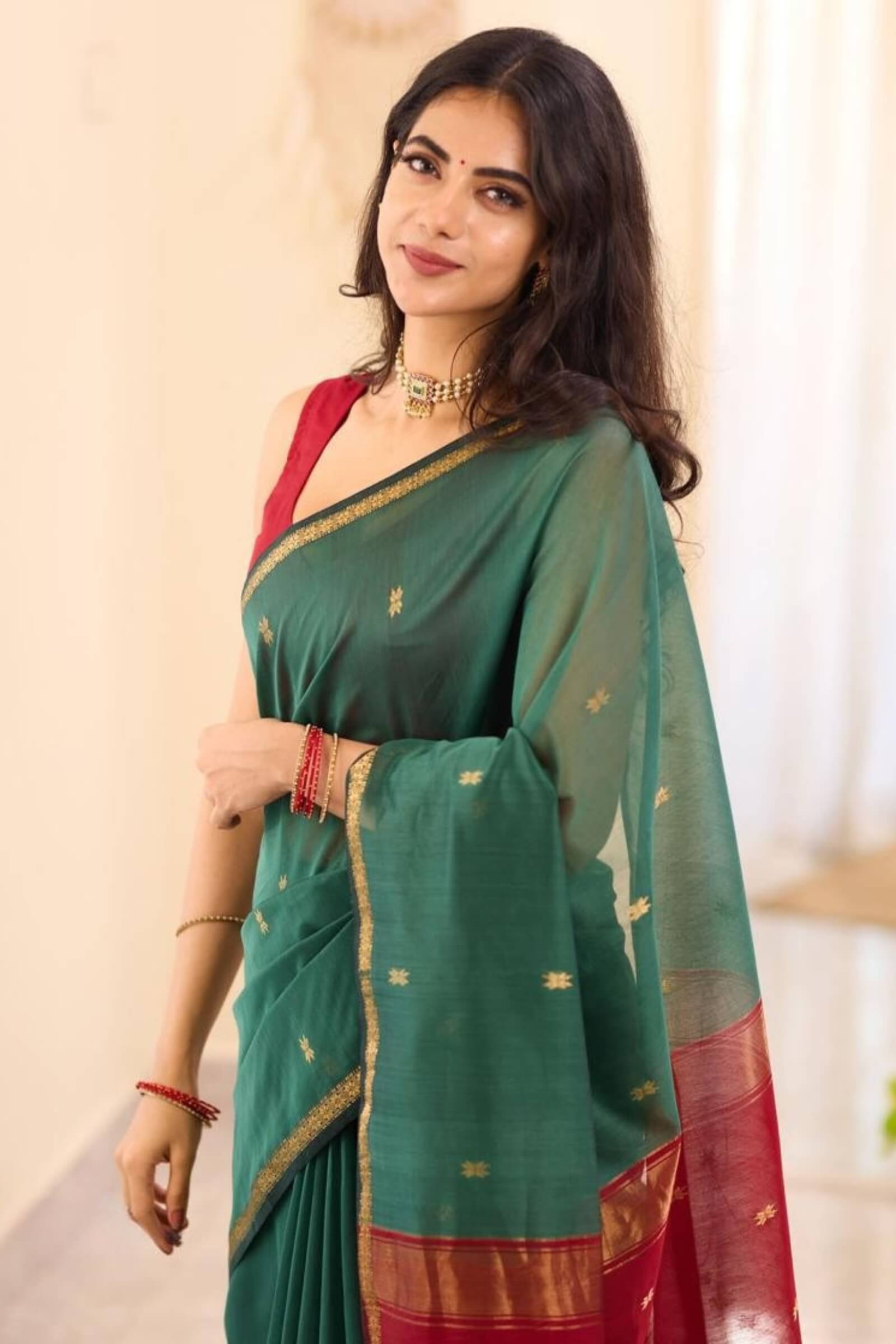 Seraphic Rama Cotton Silk Saree With Nebula Blouse Piece