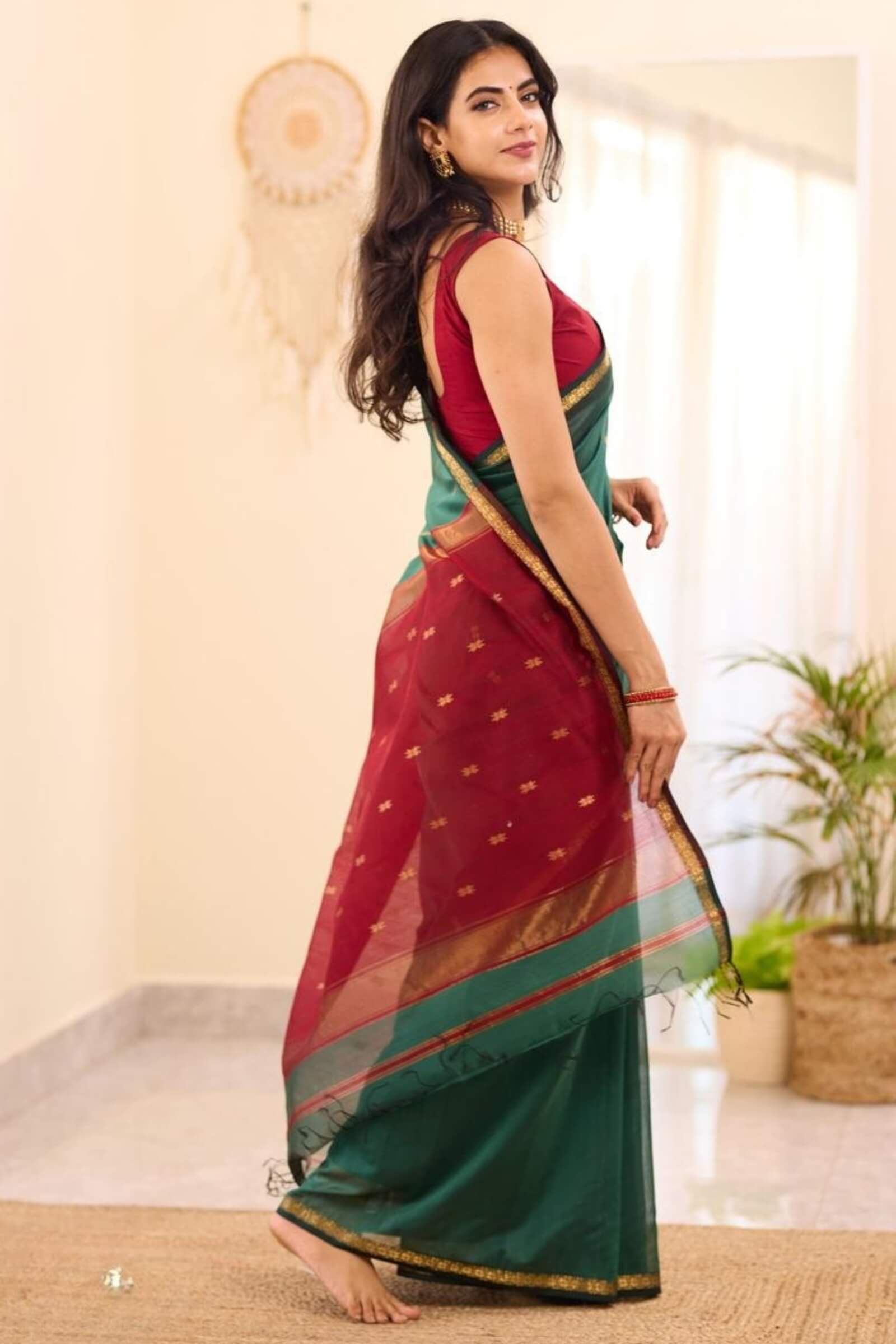 Seraphic Rama Cotton Silk Saree With Nebula Blouse Piece