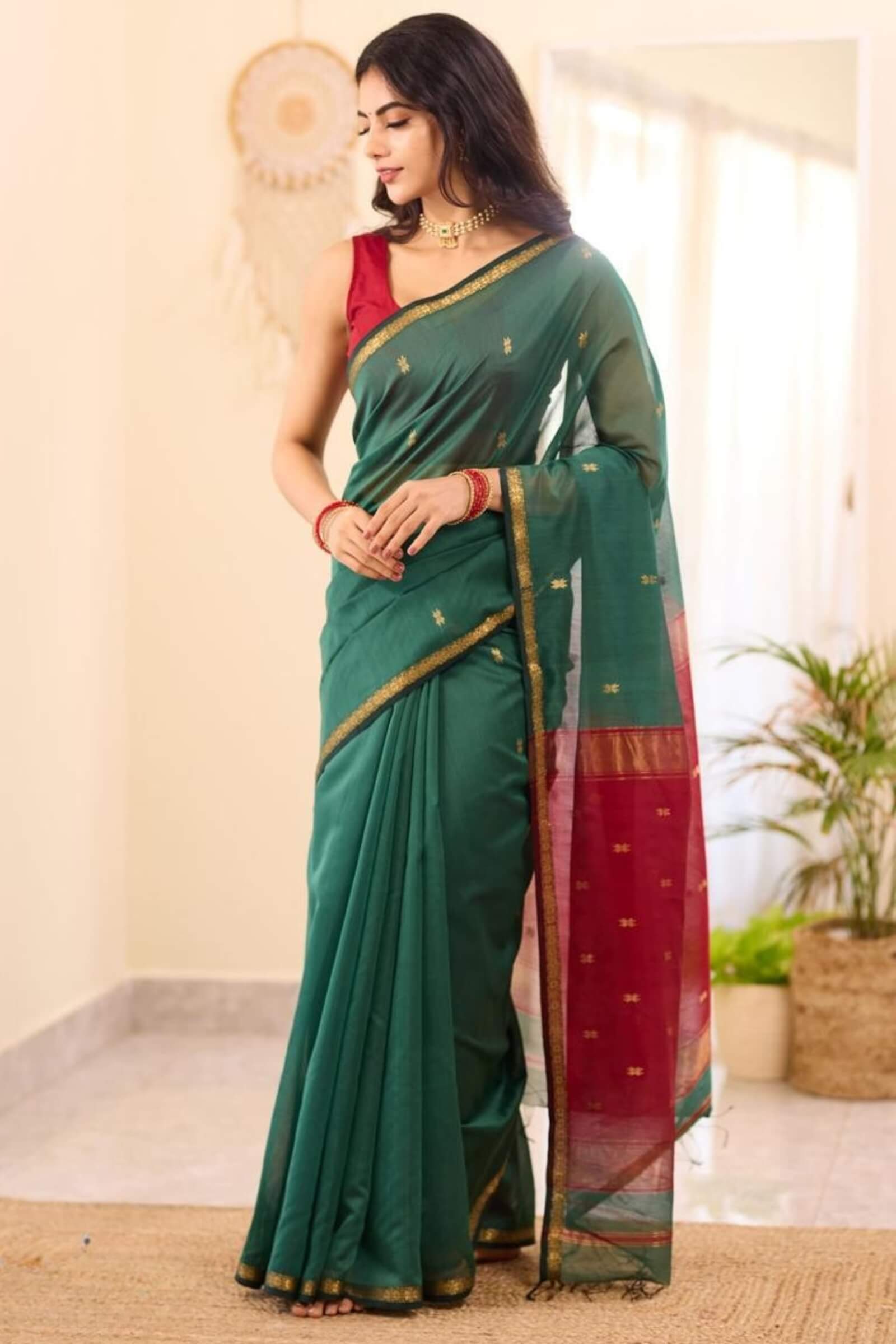 Seraphic Rama Cotton Silk Saree With Nebula Blouse Piece