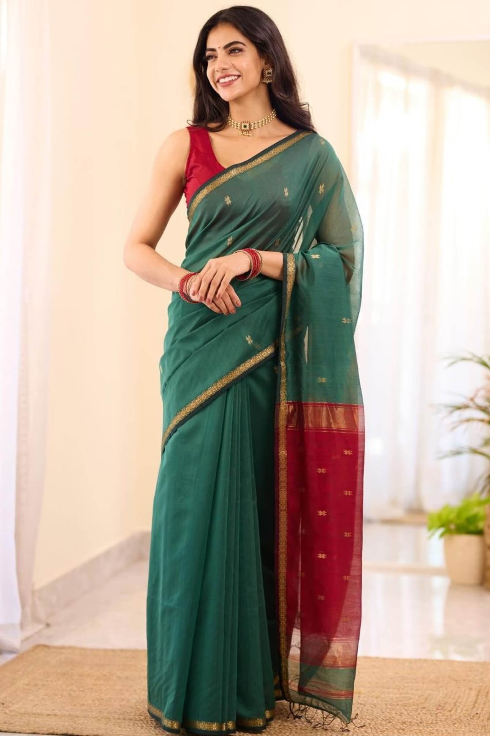 Seraphic Rama Cotton Silk Saree With Nebula Blouse Piece