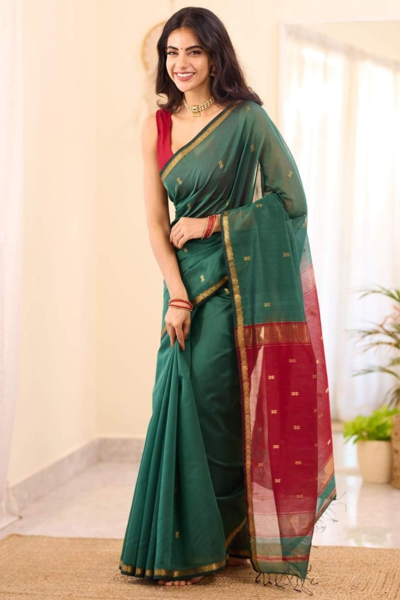 Seraphic Rama Cotton Silk Saree With Nebula Blouse Piece