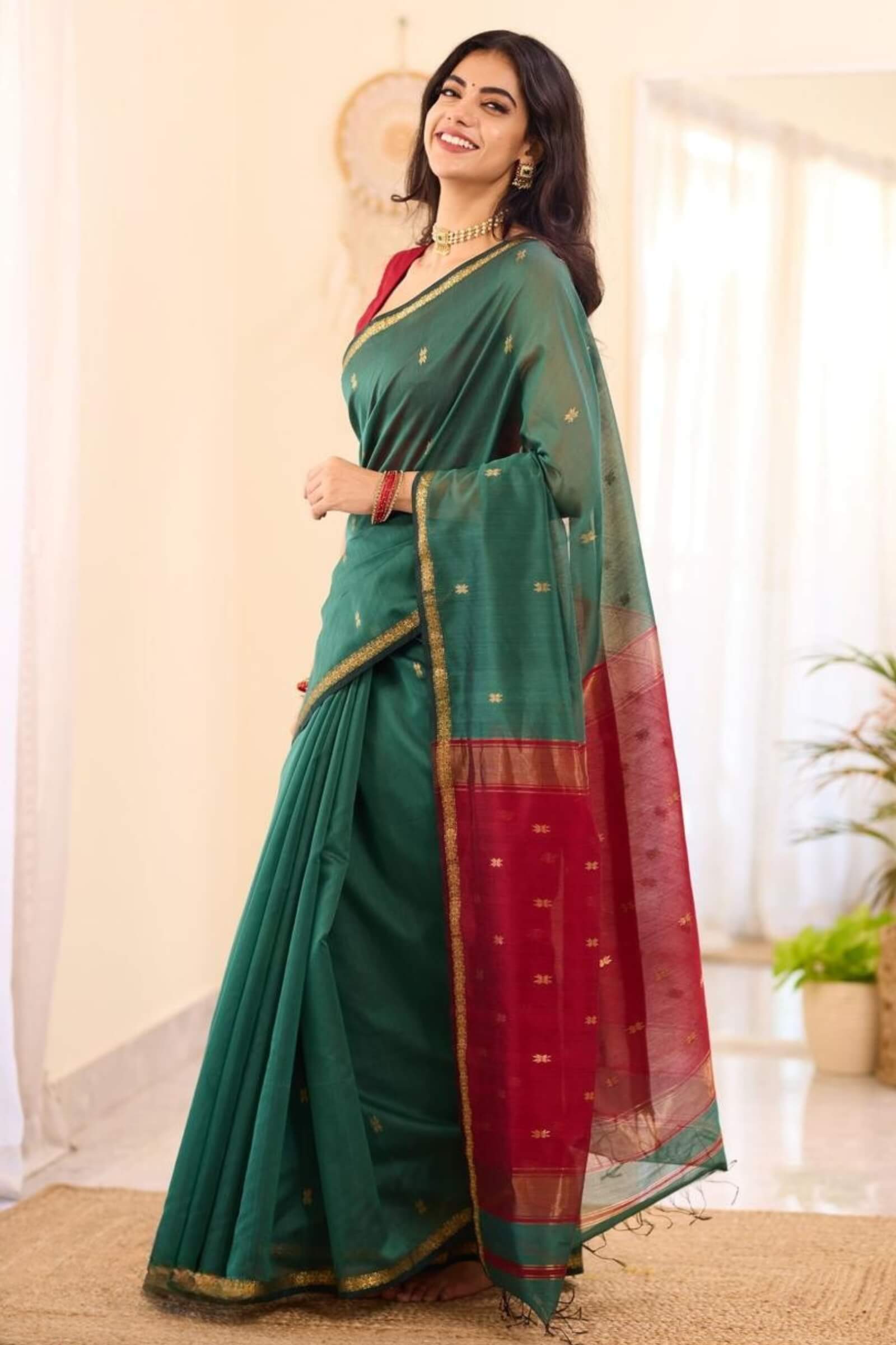 Seraphic Rama Cotton Silk Saree With Nebula Blouse Piece