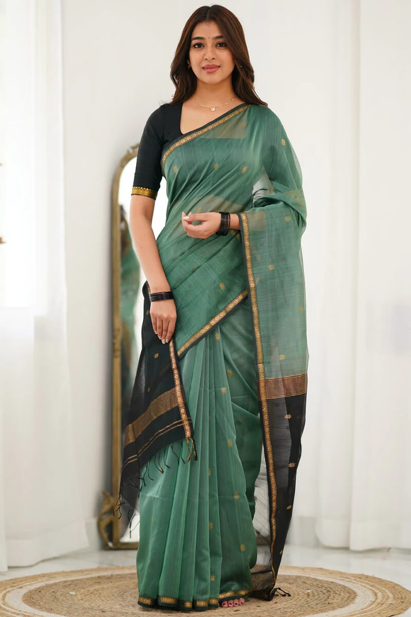 Gossamer Sea Green Cotton Silk Saree With Ailurophile Blouse Piece